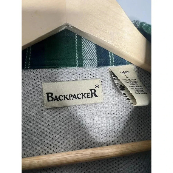 Backpacker Mens LARGE Sports Flannel Plaid Shirt Vented Outdoor Green button up - Picture 4 of 8